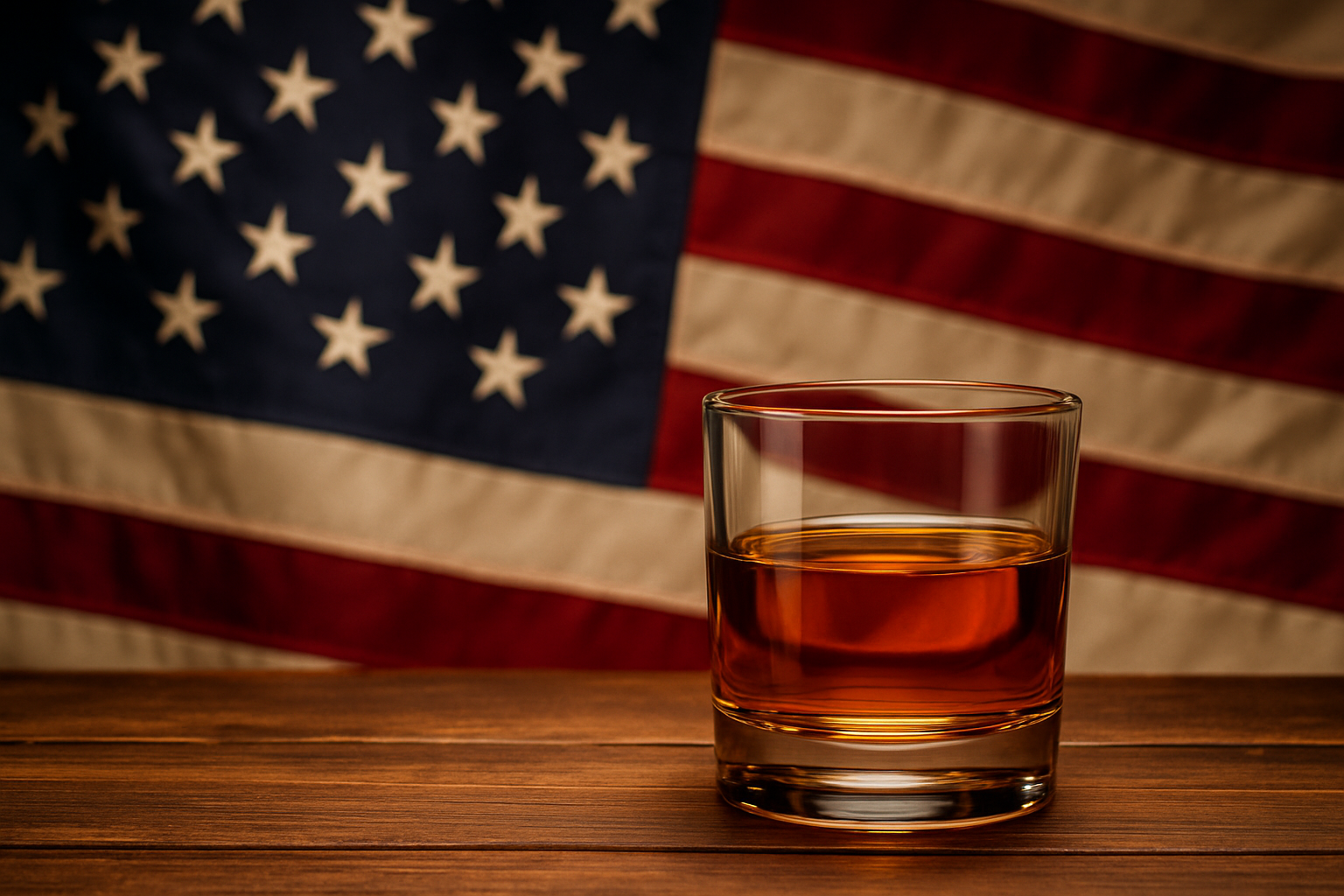 An image of a glass of whiskey in front of an American Flag